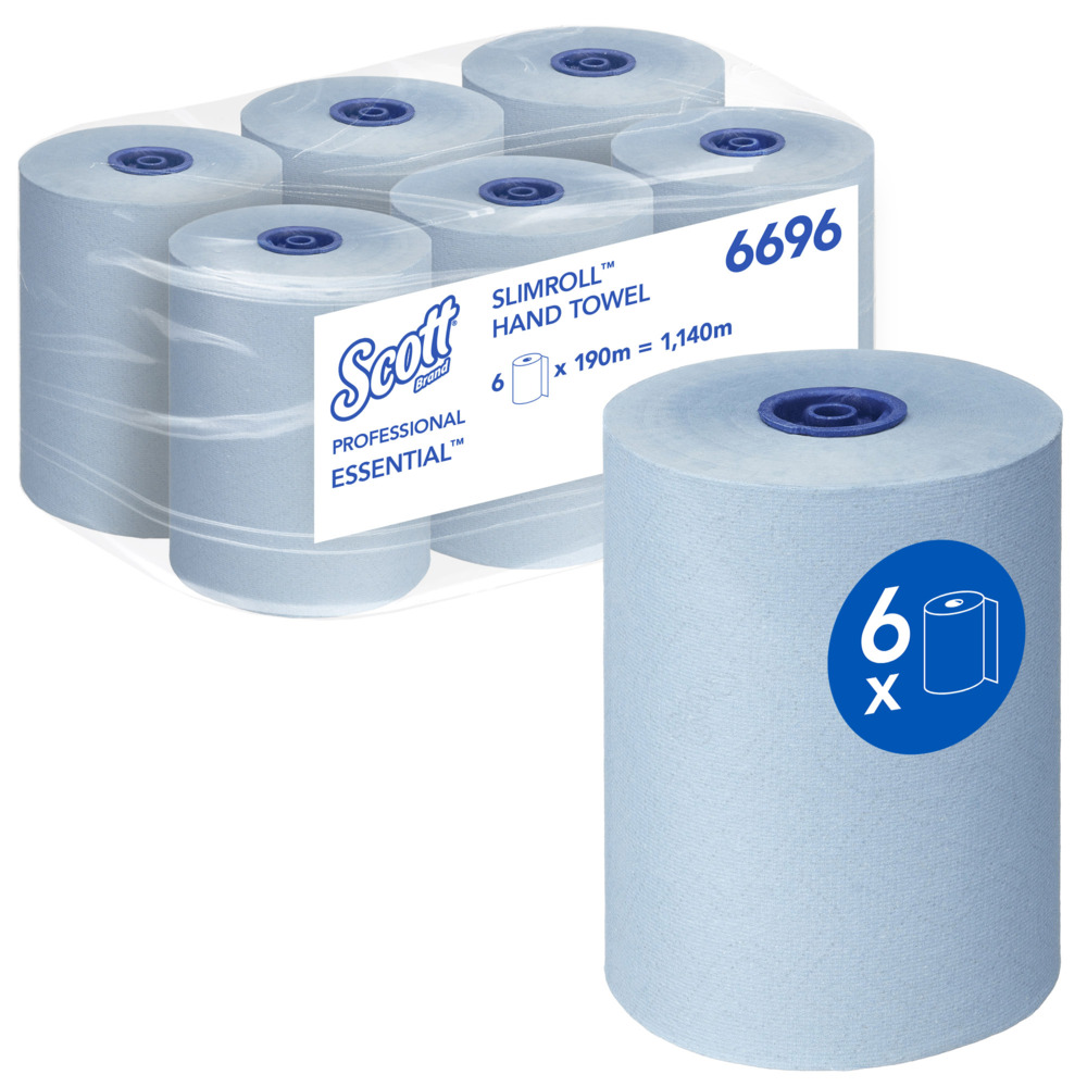 Essuie-mains roulés Slimroll™ Scott® Essential™ 6696 - Essuie-mains en papier bleu - 6 x rouleaux d'essuie-mains en papier de 190 m (1 140 m au total) - 6696