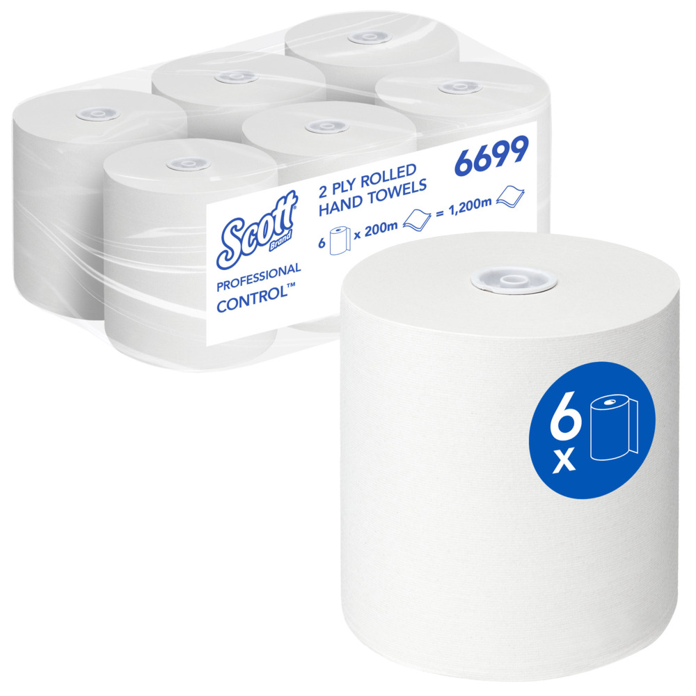Essuie-mains roulés Scott® Control™ 6699 – Essuie-mains en papier jetables 2 épaisseurs – 6 rouleaux d'essuie-mains en papier x 200 m d'essuie-mains en papier blanc (1 200 m au total) - 6699