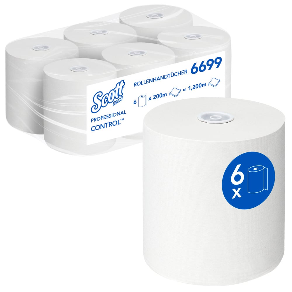 Essuie-mains roulés Scott® Control™ 6699 – Essuie-mains en papier jetables 2 épaisseurs – 6 rouleaux d'essuie-mains en papier x 200 m d'essuie-mains en papier blanc (1 200 m au total) - 6699