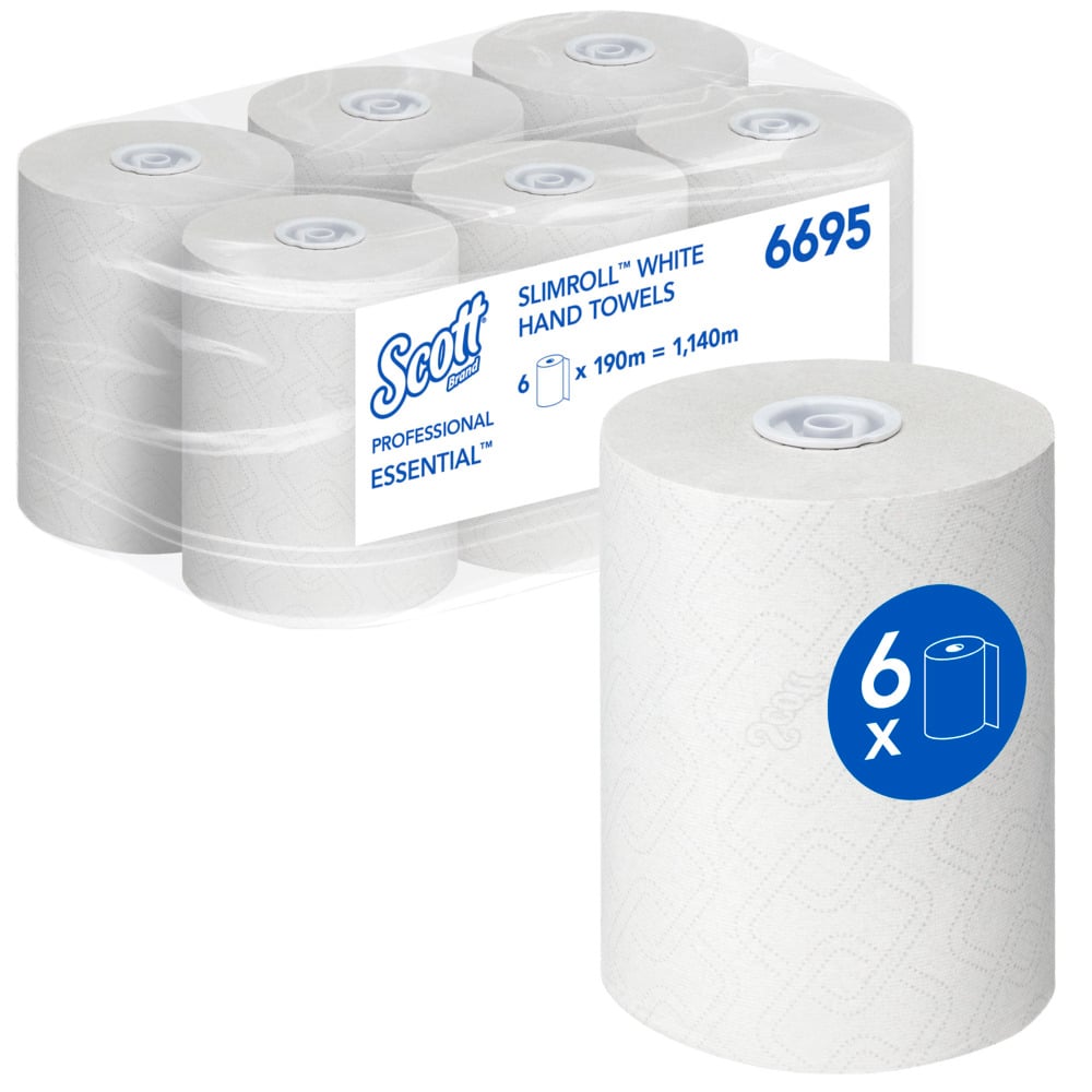 Essuie-mains roulés Scott® Essential™ Slimroll™ 6695 - Essuie-mains roulés en papier - 6 x rouleaux d'essuie-mains en papier blanc de 190 m (1 140 m au total)