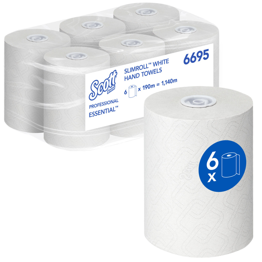 Essuie-mains roulés Scott® Essential™ Slimroll™ 6695 - Essuie-mains roulés en papier - 6 x rouleaux d'essuie-mains en papier blanc de 190 m (1 140 m au total) - 6695