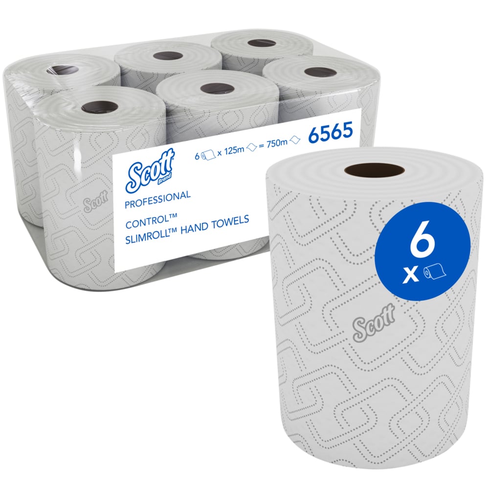 Scott® Control™ Slimroll™ Hand Towels 6565 - 1 Ply Paper Towel Rolls - 6 Roll Towels x 125m White, Embossed, Paper Hand Towels (750m Total) - 6565