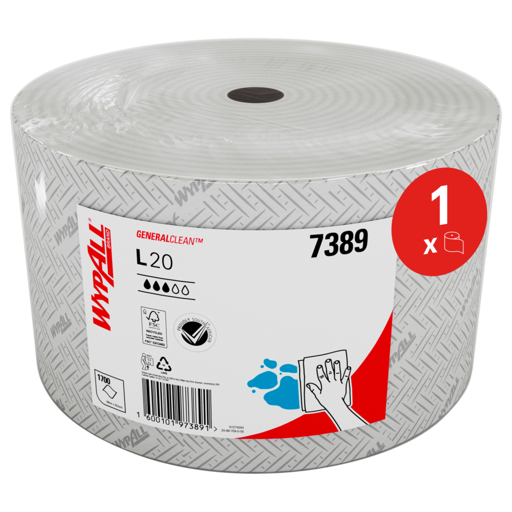 WypAll® L20 Large Roll Wipers 7389 - 2 Ply Paper Cleaning Wipes - 1 Jumbo Roll x 1,700 White Disposable Wipers (646m Total) - 7389