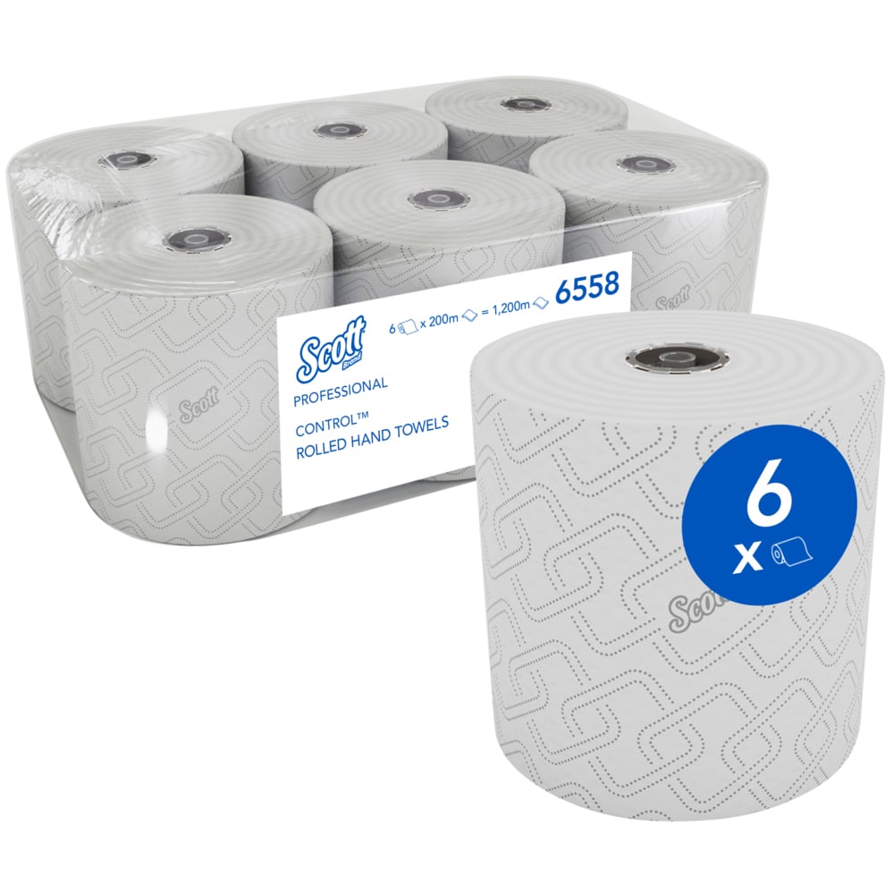 Scott® Control™ Rolled Hand Towels (PBS) 6558 - 2 Ply Paper Towel Rolls - 6 Roll Towels x 200m White, Embossed, Paper Hand Towels (1,200m Total) - 6558