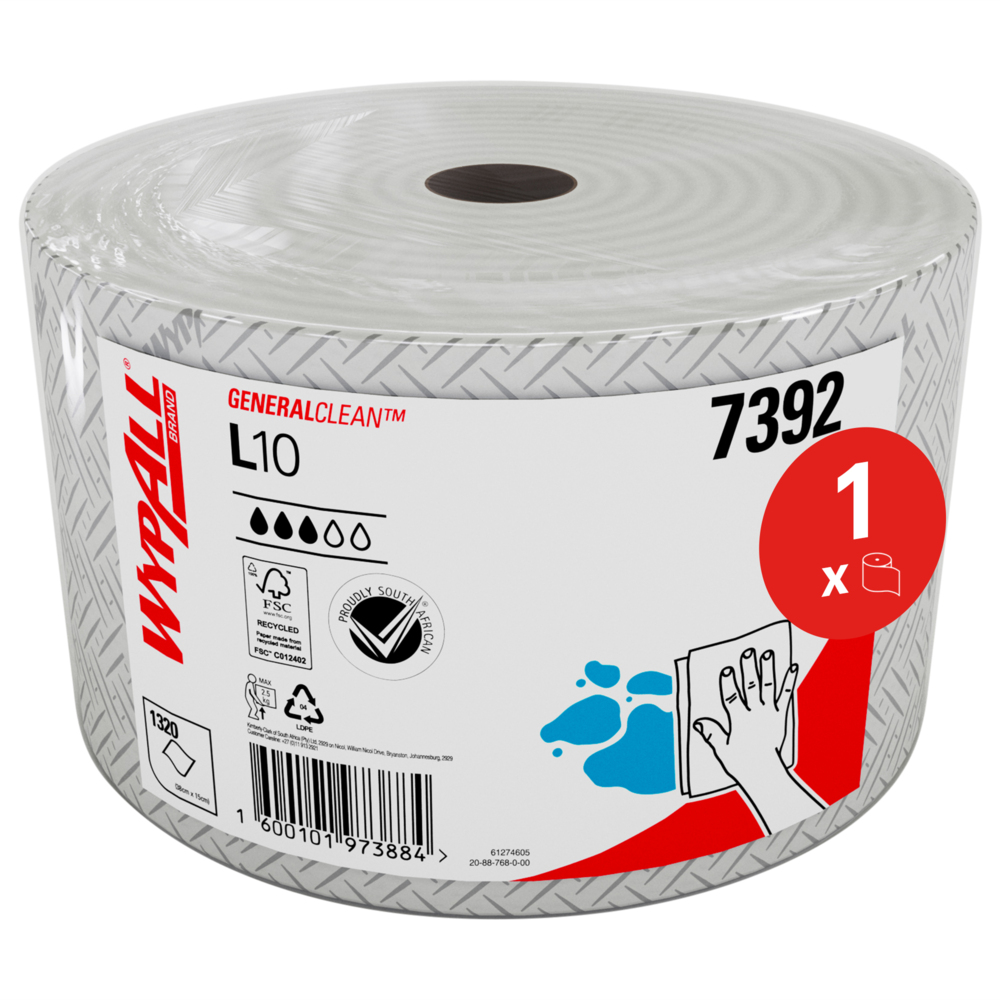 WypAll® L10 Standard Roll Wipers 7392 - Jumbo Roll Wiping Paper - 1 Standard Roll x 1,320 White Cleaning Wipes (502m Total) - 7392