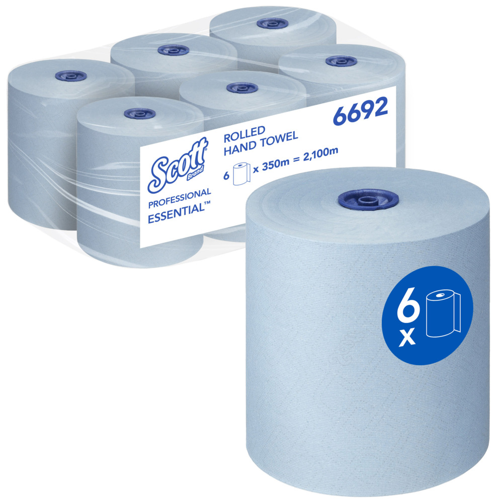 Scott® Essential™ Rollenhandtücher 6692 – blaue Papiertücher – 6 x 350 m Papiertuchrollen (insges. 2.100 m);Scott® Essential™ Papierhandtücher gerollt 6692 – blaue Papiertücher – 6 x 350 m Handtuchrollen (insges. 2.100 m)