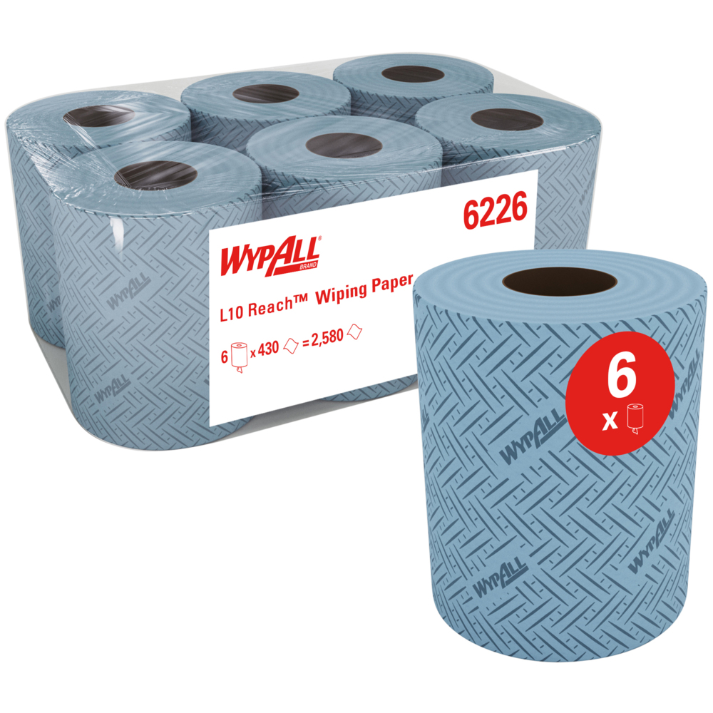 WypAll® L10 Reach™ Wipers 6226 - Centrefeed Blue Roll for Reach™ Dispenser - 6 Centrefeed Rolls x 430 Blue Cleaning Wipes (2,580 Total) - 6226