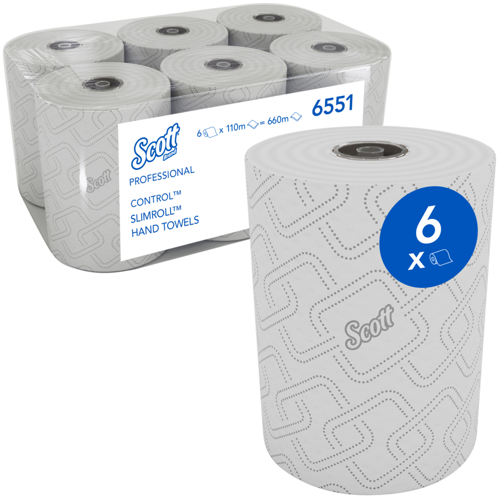 Scott® Control™ Slimroll™ Hand Towels (PBS) 6551 - 2 Ply Paper Towel Rolls - 6 Roll Towels x 110m White, Embossed, Paper Hand Towels (660m Total) - 6551