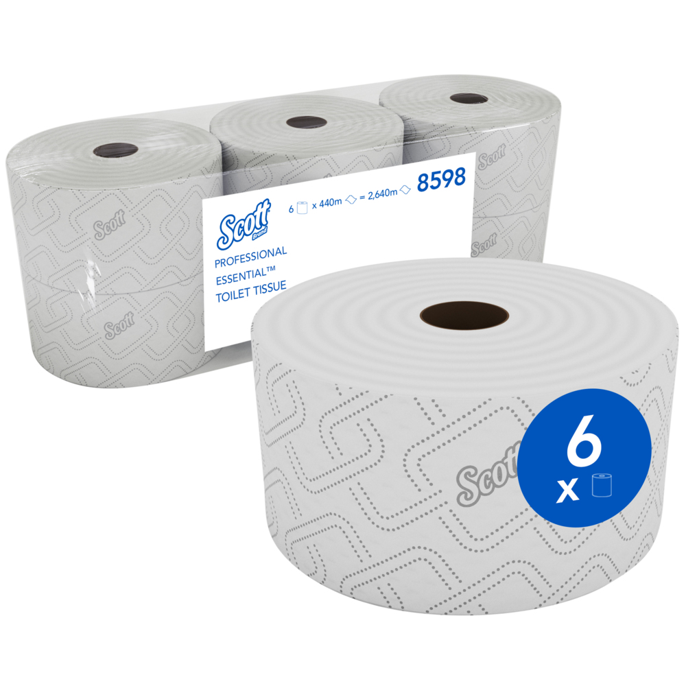 Scott® Essential™ Toilet Tissue 8598 - Jumbo Toilet Paper Rolls - 6 Toilet Rolls x 440m White, Embossed Bath Tissue (2,640m Total) - 8598