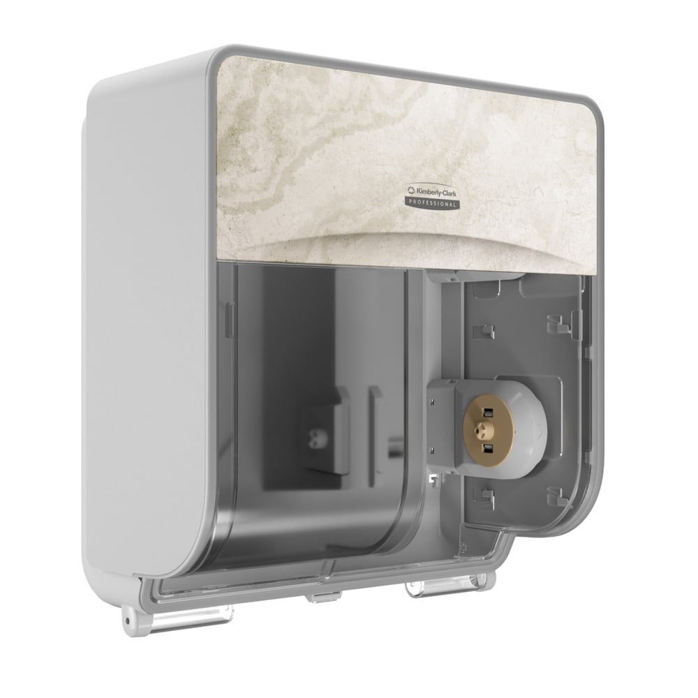 Kimberly-Clark Professional™ ICON™ Coreless Standard Roll Toilet Paper Dispenser 4 Roll (58743), with Warm Marble Design Faceplate, 16.63" x 15.88" x 10.19" (Qty 1) - 58743