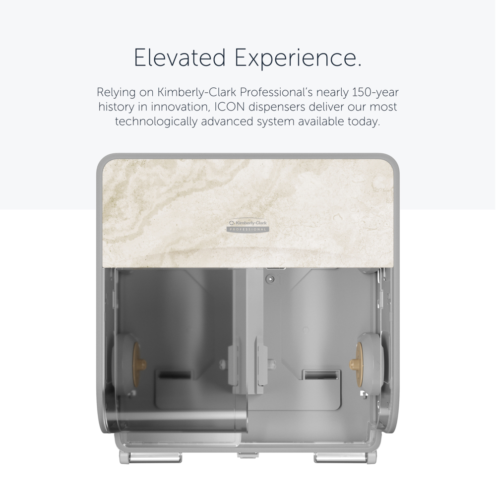 Kimberly-Clark Professional™ ICON™ Coreless Standard Roll Toilet Paper Dispenser 4 Roll (58743), with Warm Marble Design Faceplate, 16.63" x 15.88" x 10.19" (Qty 1) - 58743