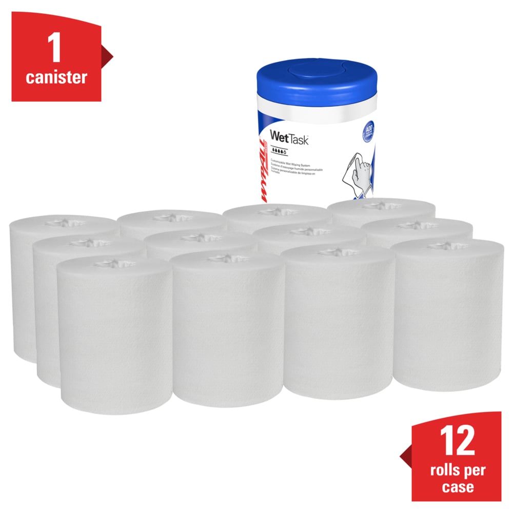 WypAll® CriticalClean™ WetTask™ Wipers for Bleach, Disinfectants, and Sanitizers (77320), Center-Pull Roll, Canister Included (55 Sheets/Roll, 12 Rolls/Case, 660 Sheets/Case) - 77320