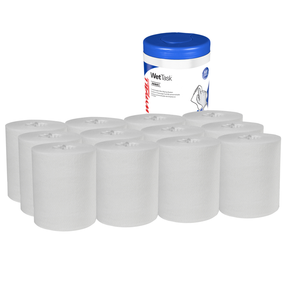WypAll® CriticalClean™ WetTask™ Wipers for Bleach, Disinfectants, and Sanitizers (77320), Center-Pull Roll, Canister Included (55 Sheets/Roll, 12 Rolls/Case, 660 Sheets/Case) - 77320