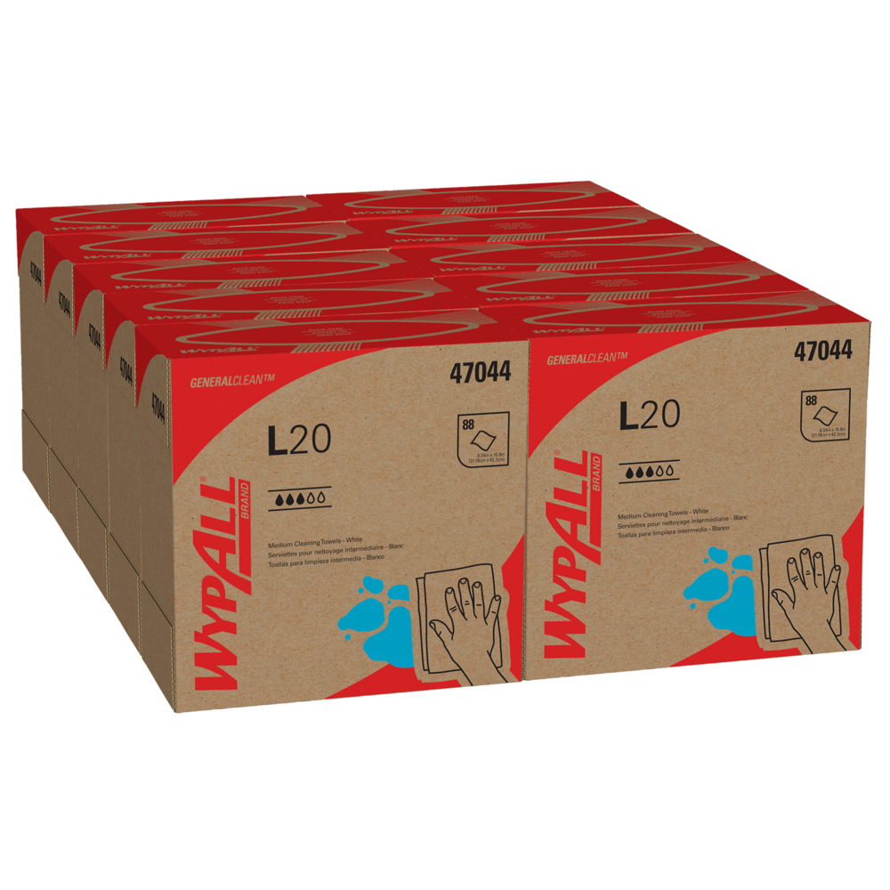 Chiffons de nettoyage moyen WypAll® L20 General Clean (47044), boîte Pop-Up, blancs, pliés en quatre, 10 boîtes/caisse, 88 feuilles/boîte - 47044