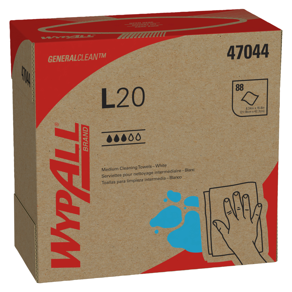 Chiffons de nettoyage moyen WypAll® L20 General Clean (47044), boîte Pop-Up, blancs, pliés en quatre, 10 boîtes/caisse, 88 feuilles/boîte - 47044