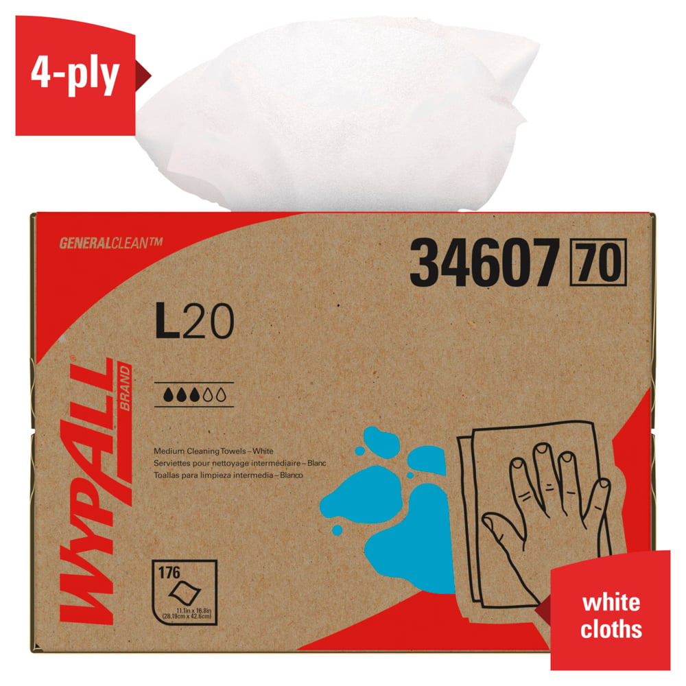 WypAll® GeneralClean™ L20 Medium Cleaning Cloths (34607), Brag Box, White (176 Sheets/Box, 1 Box/Case, 176 Sheets/Case) - 34607