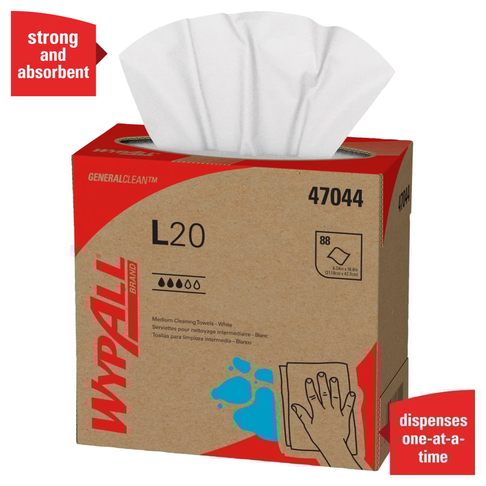 WypAll® General Clean L20 Medium Cleaning Cloths (47044), Pop-Up Box, White, 4-Ply, 10 Boxes / Case, 88 Sheets / Box - 47044