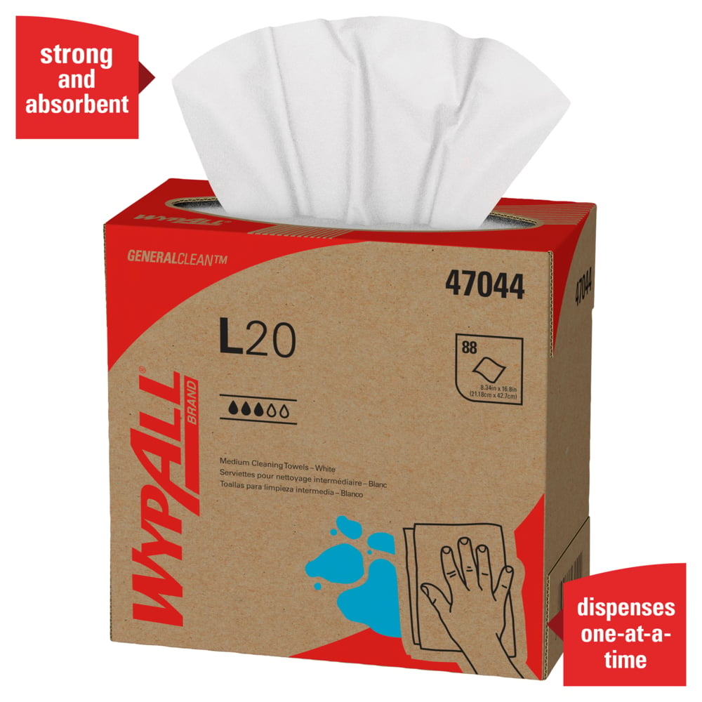 WypAll® GeneralClean™ L20 Medium Cleaning Cloths (47044), Pop-Up Box, White (88 Sheets/Box, 10 Boxes/Case, 880 Sheets/Case) - 47044