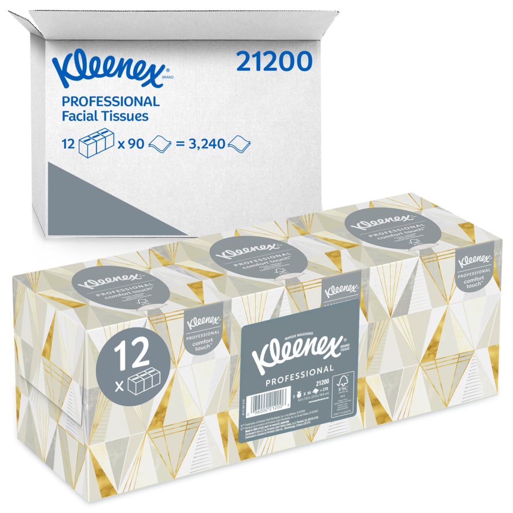 Cube de mouchoirs Kleenex Professional pour entreprise (21200), boîte de mouchoirs verticale, 36 boîtes florales/caisse, 95 mouchoirs/boîte. 3 420 mouchoirs/caisse;Cube de mouchoirs professionnel de Kleenex® pour entreprise (21200), boîte de mouchoirs verticale, 12 paquets/caisse, 3 boîtes/paquet, 36 boîtes/caisse 