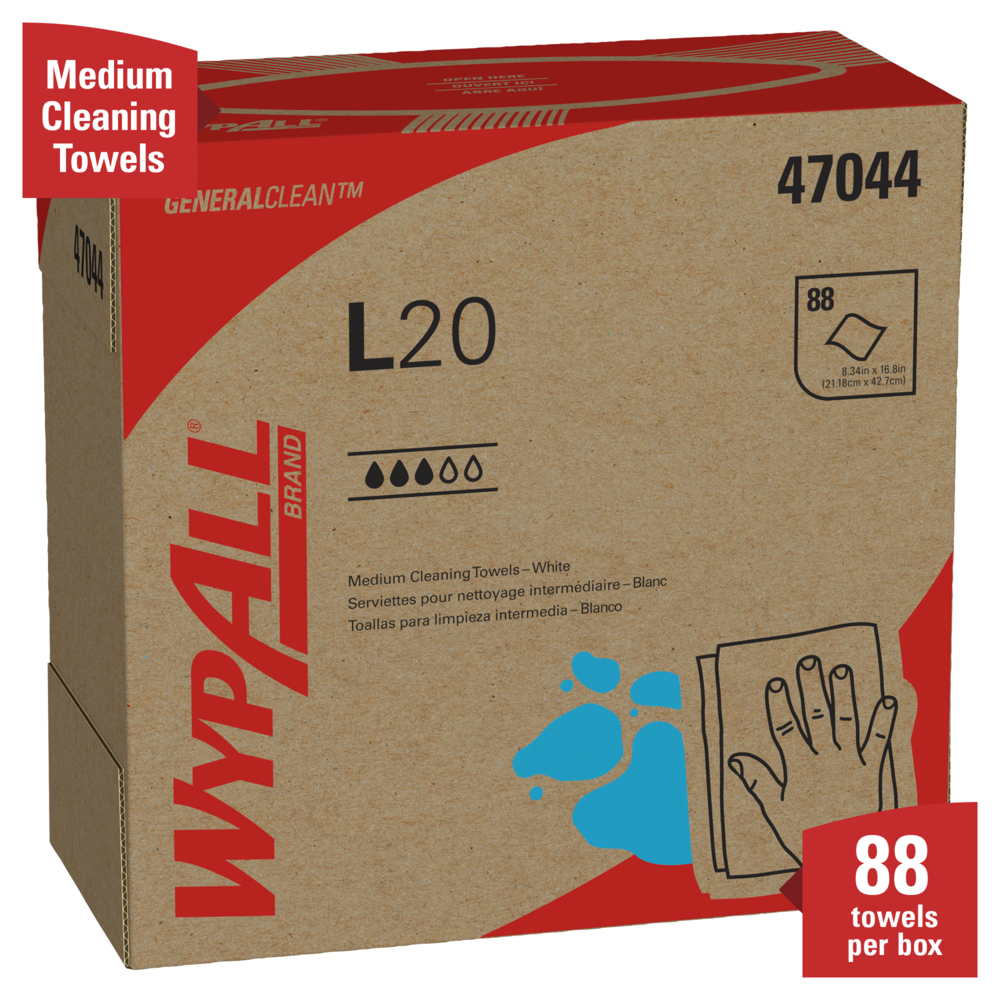 WypAll® General Clean L20 Medium Cleaning Cloths (47044), Pop-Up Box, White, 4-Ply, 10 Boxes / Case, 88 Sheets / Box - 47044