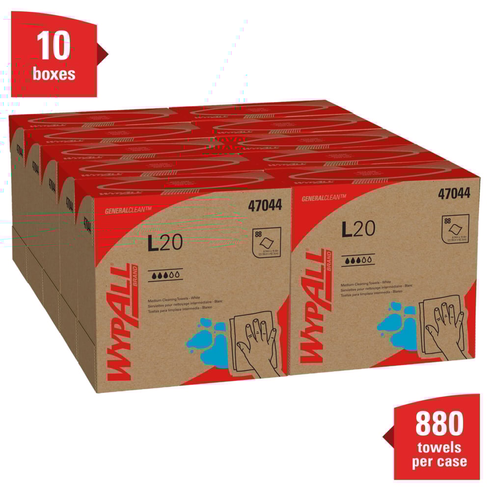 WypAll® General Clean L20 Medium Cleaning Cloths (47044), Pop-Up Box, White, 4-Ply, 10 Boxes / Case, 88 Sheets / Box - 47044