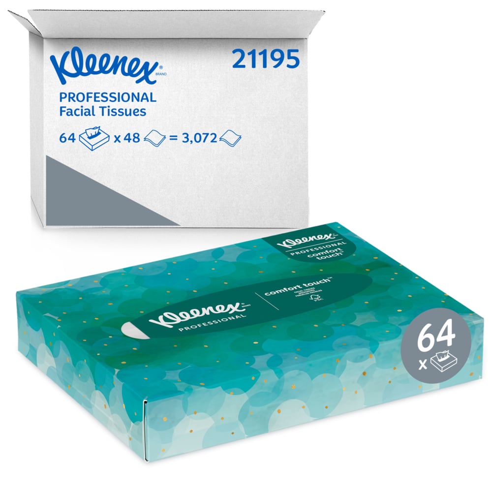 Mouchoirs Kleenex® professionnels pour entreprise (21195), boîtes de mouchoirs plates, 64 petites boîtes/caisse, 48 mouchoirs/boîte, 3 072 mouchoirs/caisse - 21195