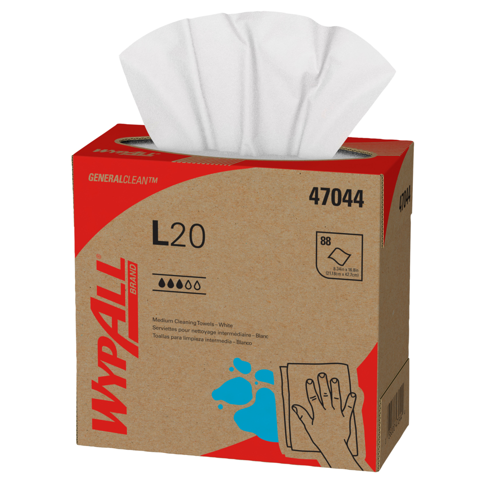 Chiffons de nettoyage moyen WypAll® L20 General Clean (47044), boîte Pop-Up, blancs, pliés en quatre, 10 boîtes/caisse, 88 feuilles/boîte - 47044