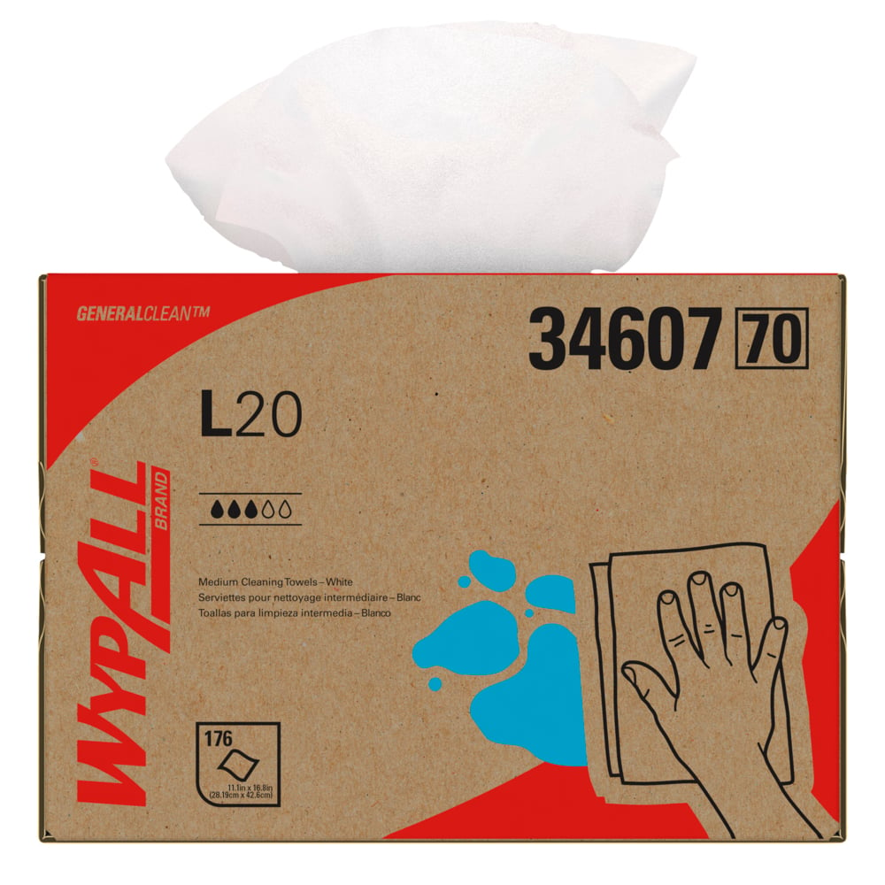 WypAll® GeneralClean™ L20 Medium Cleaning Cloths (34607), Brag Box, White (176 Sheets/Box, 1 Box/Case, 176 Sheets/Case) - 34607