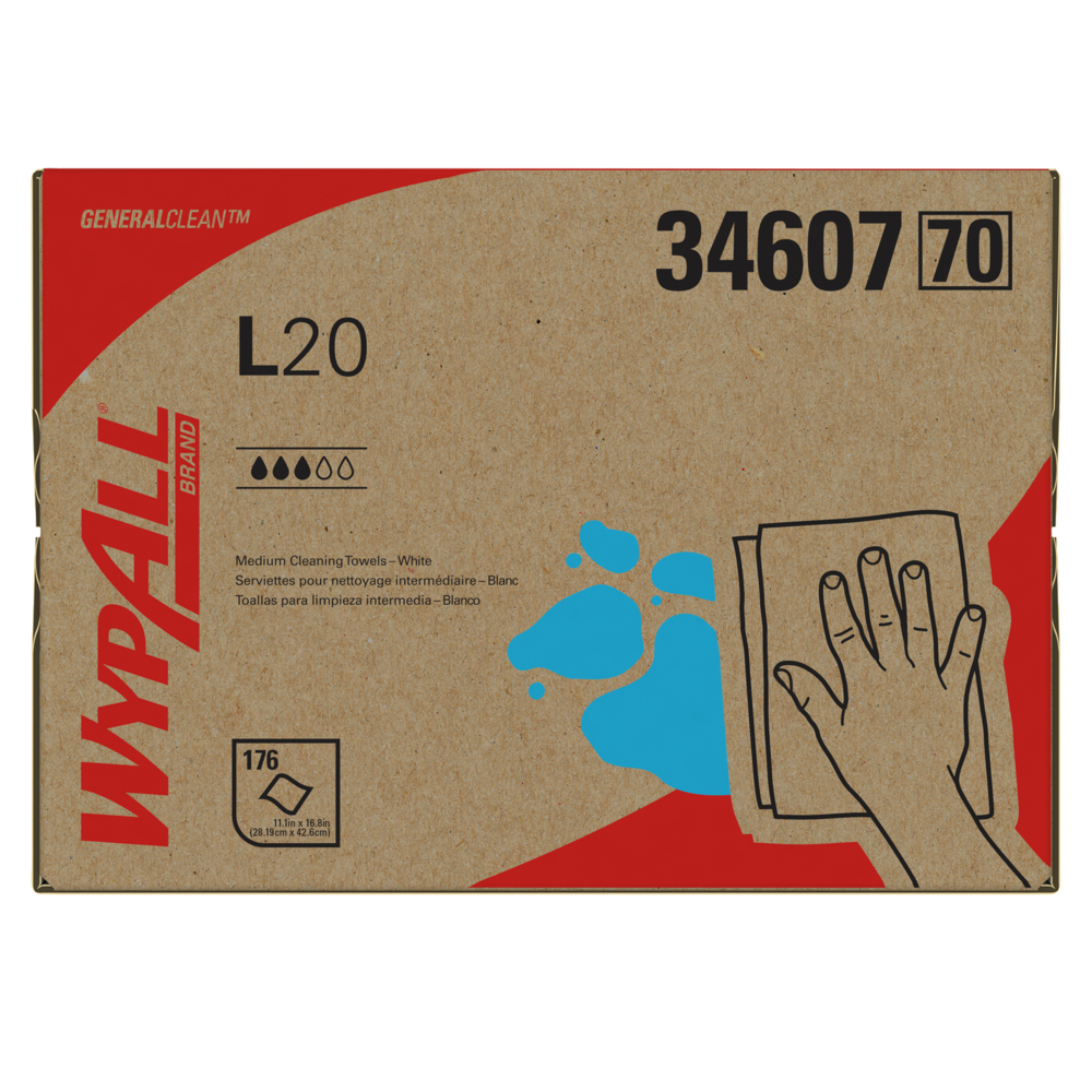 Chiffons de nettoyage moyen WypAll® L20 General Clean (34607), boîte BRAG, blancs, pliés en quatre, 1 boîte de 176 lingettes - 34607