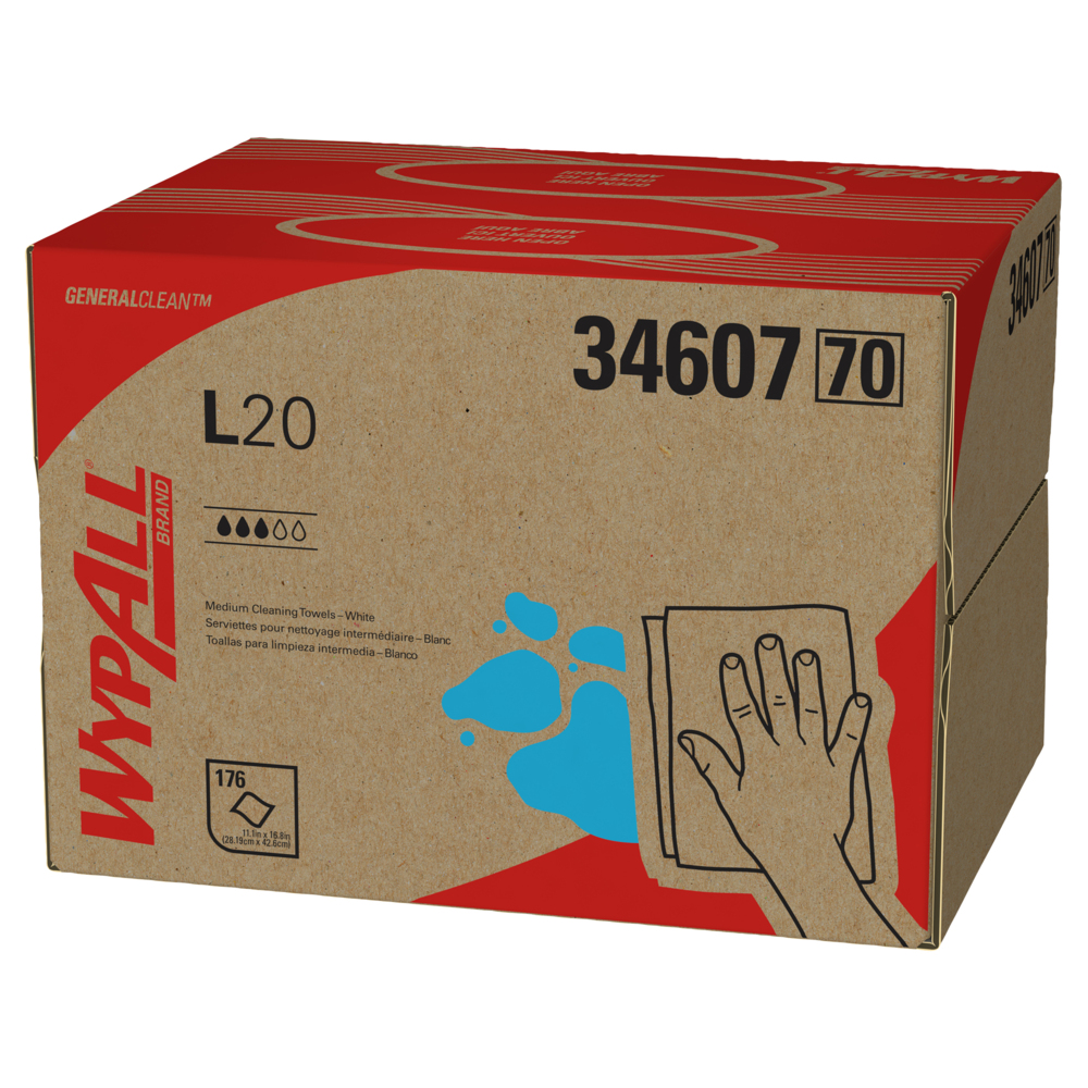 Chiffons de nettoyage moyen WypAll® L20 General Clean (34607), boîte BRAG, blancs, pliés en quatre, 1 boîte de 176 lingettes - 34607