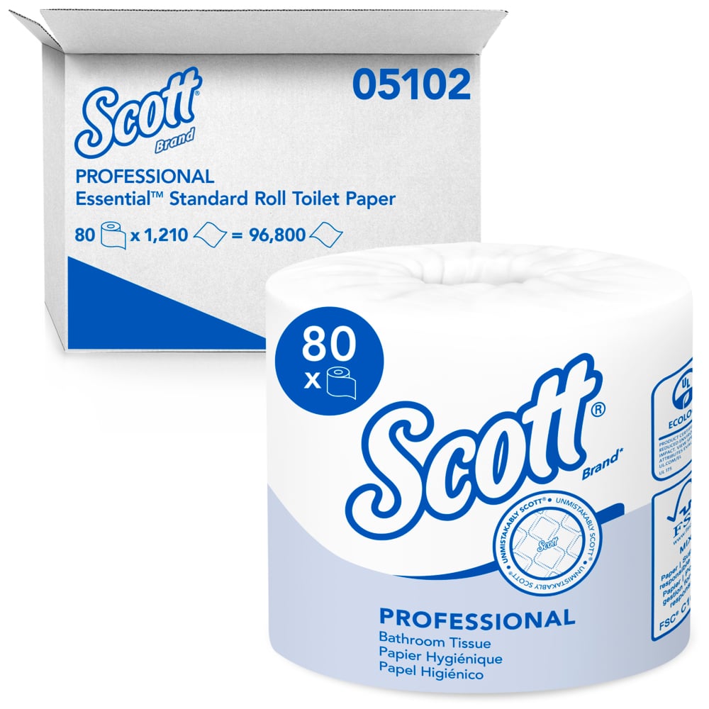 Papier hygiénique en vrac pour les entreprises Scott Essential Professional (05102), rouleaux standard emballés individuellement, 1 épaisseur, blanc, 80 rouleaux/caisse, 1 210 feuilles/rouleau - 05102