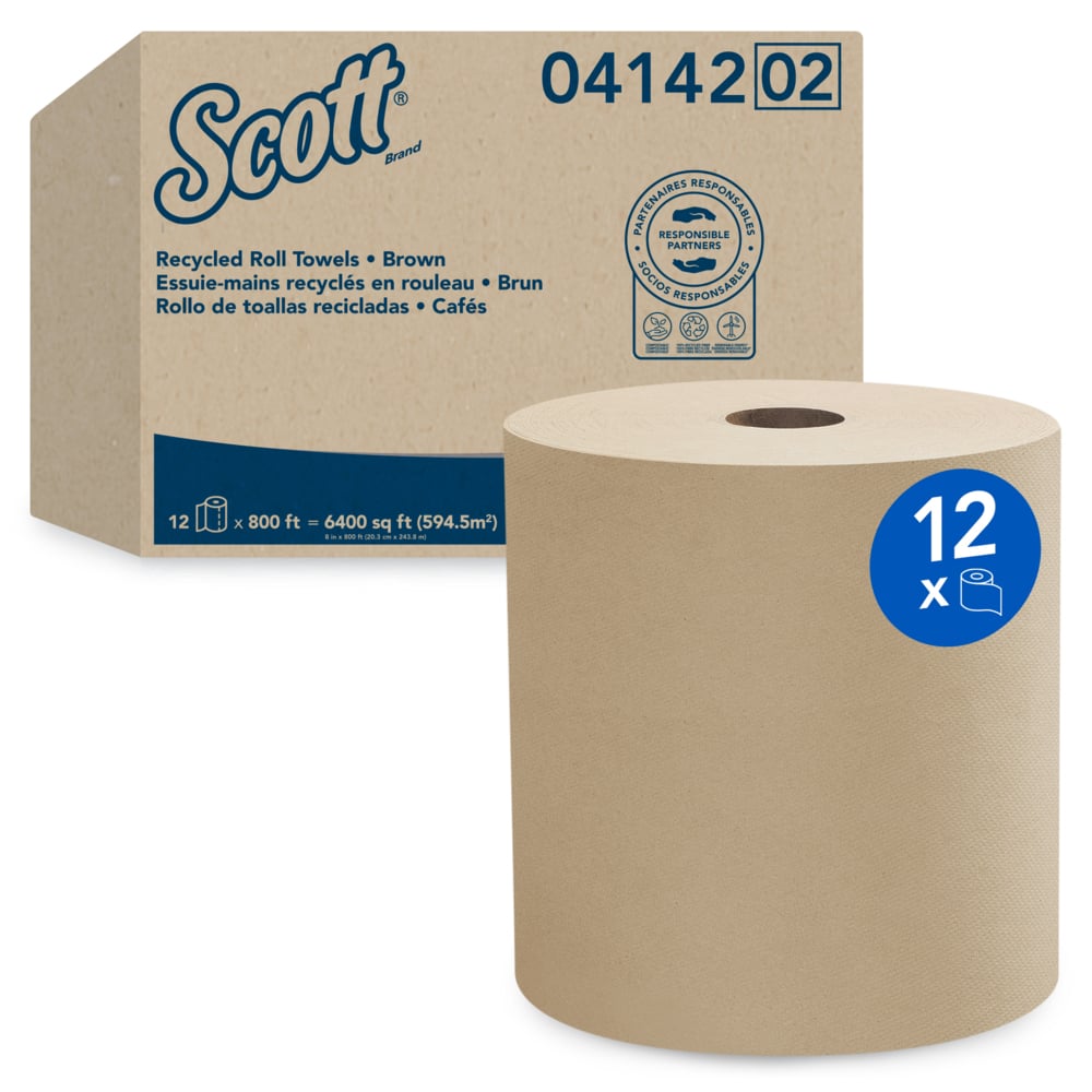 Scott® 100% Recycled Fiber Hard Roll Paper Towels with Absorbency Pockets (04142), Natural, 800' / Roll, 12 Rolls / Case, 9,600' / Case - 04142