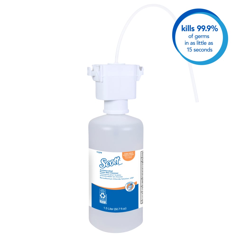 Scott® Antimicrobial Foam Skin Cleanser, 0.1% Benzalkonium Chloride (11279), Clear, Unscented, 1.5 L, 2 Counter-Mount Refills / Case;Scott® Control Antimicrobial Foam Skin Cleanser, 0.1% Benzalkonium Chloride (11279), Clear, Unscented, 1.5 L, 2 Counter-Mount Refills / Case - 11279