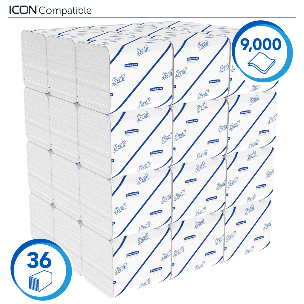 Papier toilette plié Scott® Control™ 8508 - 2 plis - 36 paquets x 250 feuilles blanches (9 000 feuilles au total) - 8508