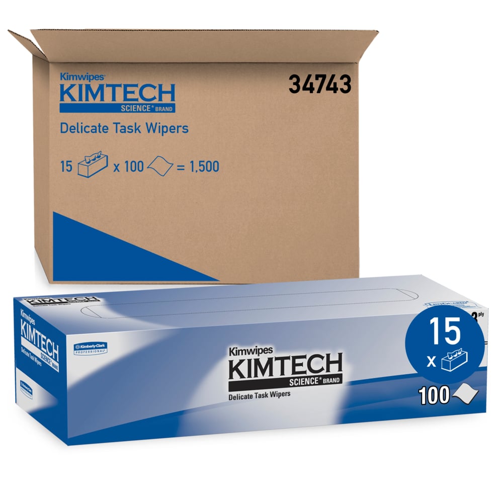 Essuie-tout pour tâches délicates Kimtech™ Science Kimwipes (34743), Blanc, 3 épaisseurs, 15 boîtes Pop-Up/caisse, 100 feuilles/boîte, 1 500 feuilles/caisse;Essuie-tout pour tâches délicates Kimwipes de Kimtech Science (34743), blancs, 3 épaisseurs, 15 boîtes Pop-up/caisse, 119 feuilles/boîte, 1 785 feuilles/caisse - 34743