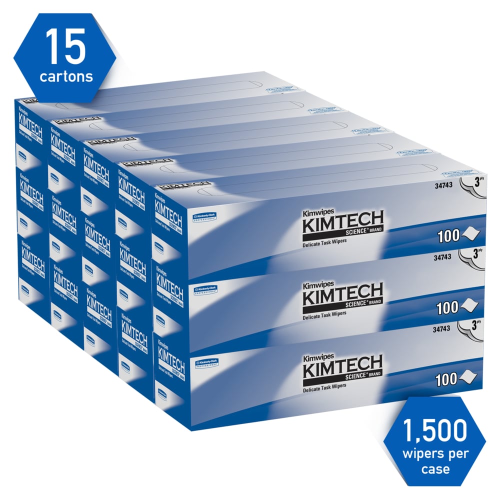 Kimtech™ Science Kimwipes Delicate Task Wipers (34743), White, 3-Ply, 15 Pop-Up Boxes / Case, 100 Sheets / Box, 1,500 Sheets / Case - 34743
