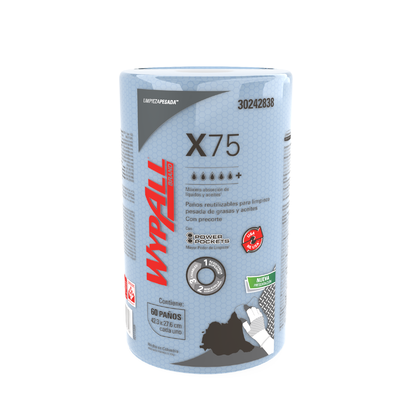WypAll® X75 - Paños de limpieza. Rollo Regular con Power Pockets, 60 paños, 6 rollos /caja, 360 paños/caja, 30242838 - S061491258