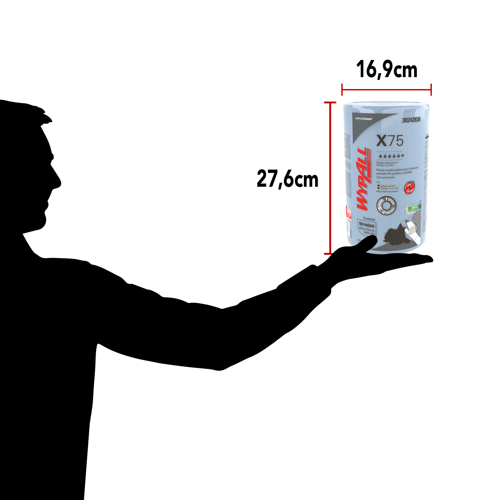 WypAll® X75 - Paños de limpieza. Rollo Regular con Power Pockets, 60 paños, 6 rollos /caja, 360 paños/caja, 30242838 - S061491258