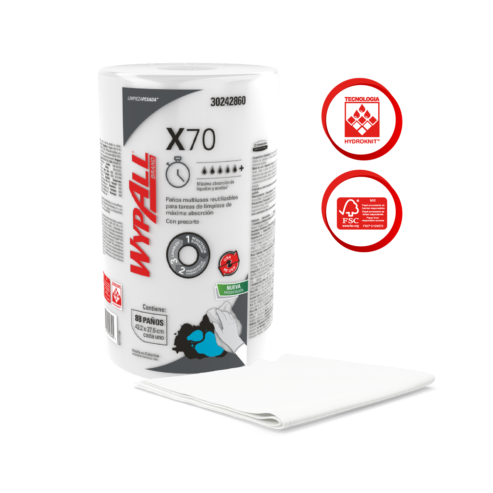 WypAll® X70 - Paños de limpieza. Rollo Regular Liso, 88 paños, 6 rollos/caja, 528 paños/caja, 30242860 - S061491259