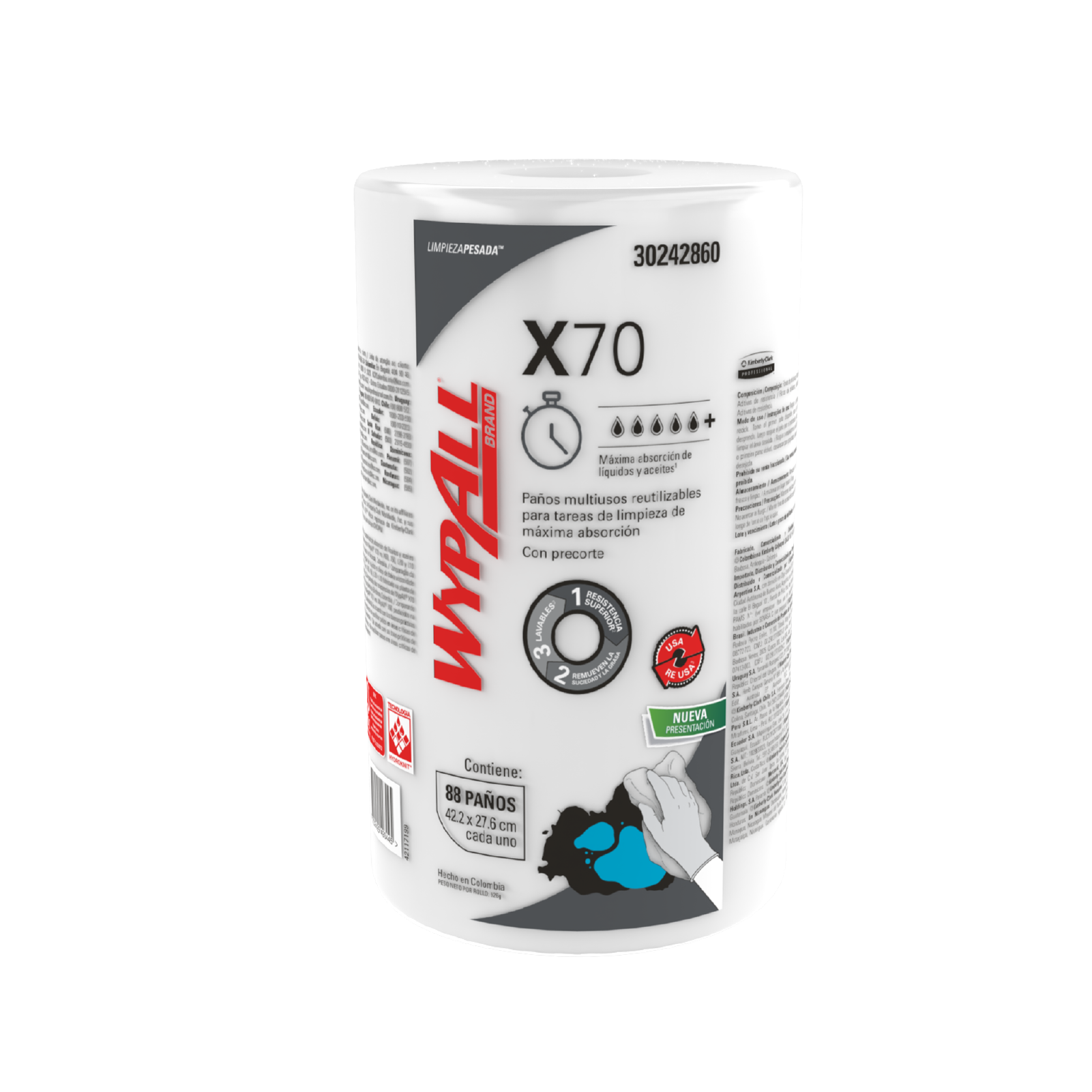 WypAll® X70 - Paños de limpieza. Rollo Regular Liso, 88 paños, 6 rollos/caja, 528 paños/caja, 30242860 - S061491259
