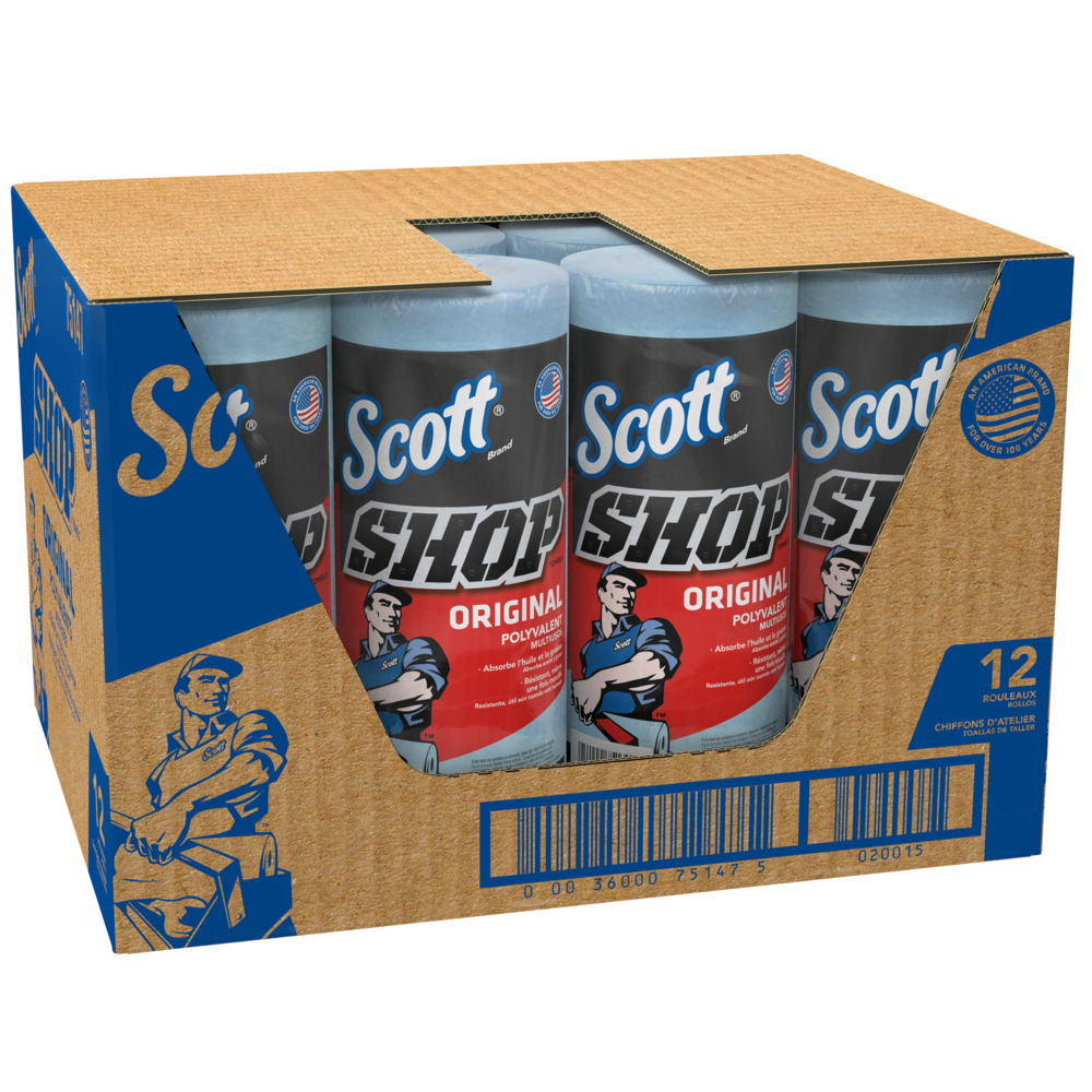 Essuie-mains Scott® Shop Towels Original 75147 - Essuie-mains bleus pour essuyage intensif - 12 paquets de 1 rouleau bleu de 55 essuie-mains jetables (total de 660 essuie-mains) - 75147