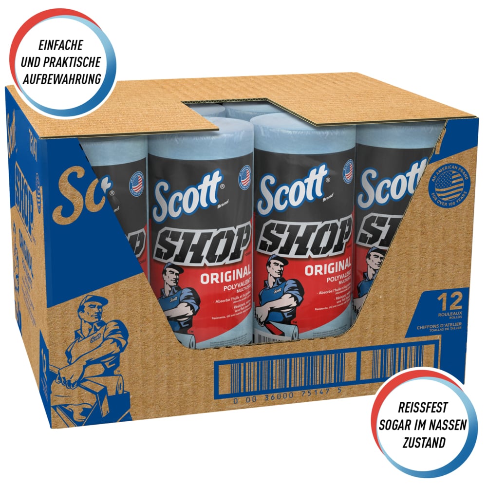 Essuie-mains Scott® Shop Towels Original 75147 - Essuie-mains bleus pour essuyage intensif - 12 paquets de 1 rouleau bleu de 55 essuie-mains jetables (total de 660 essuie-mains) - 75147