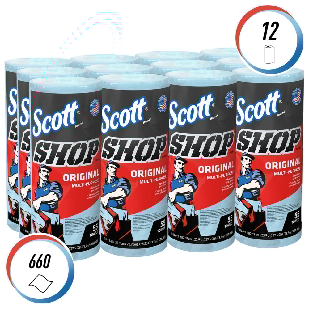 Scott® Shop Towels Original 75147 - Heavy Duty Blue Towels - 12 Packs of 1 Blue Roll x 55 Disposable Towels (660 Paper Towels Total) - 75147