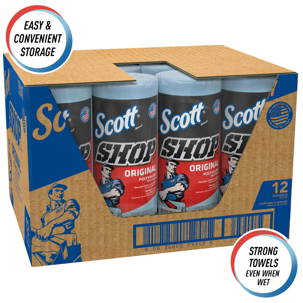 Essuie-mains Scott® Shop Towels Original 75147 - Essuie-mains bleus pour essuyage intensif - 12 paquets de 1 rouleau bleu de 55 essuie-mains jetables (total de 660 essuie-mains) - 75147
