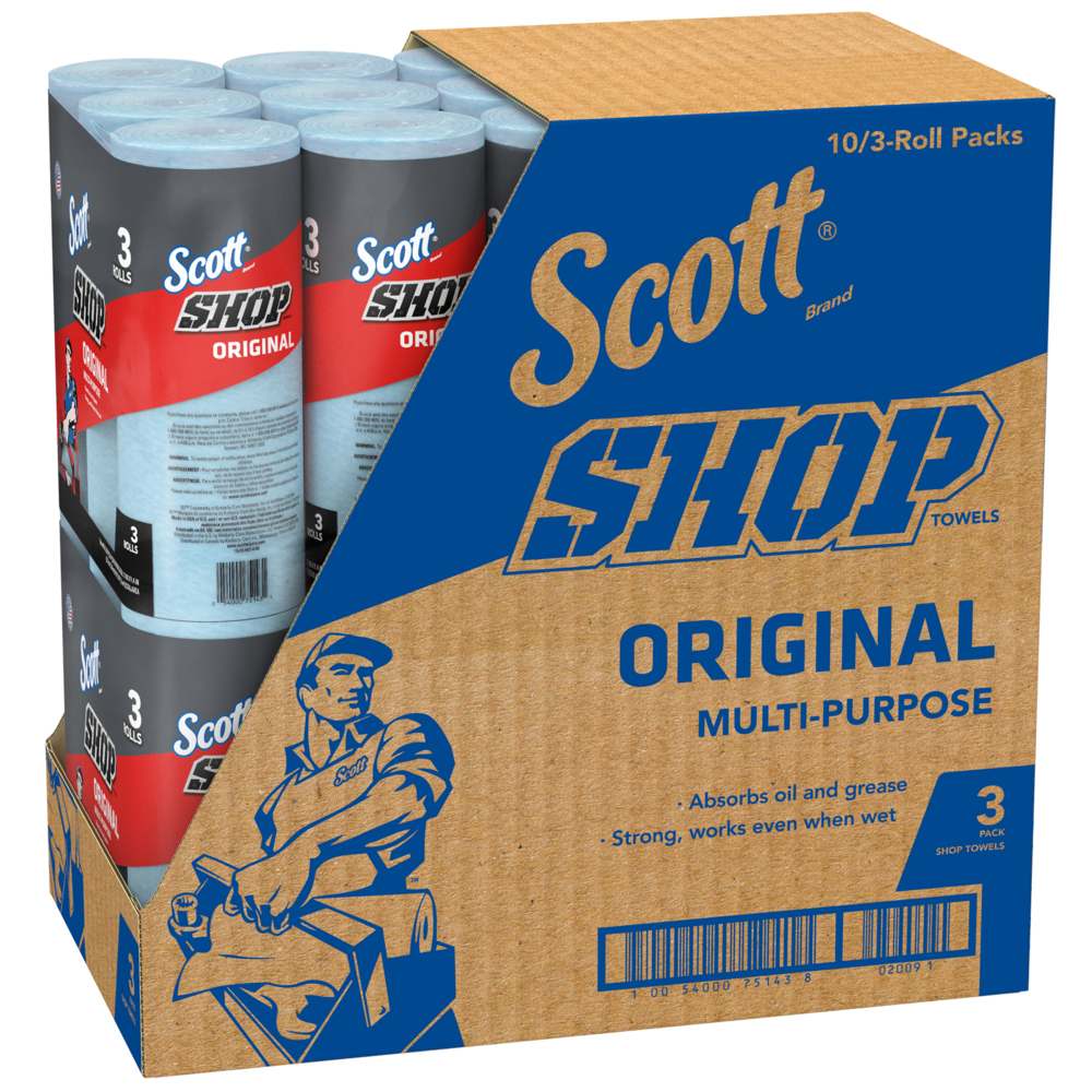 Scott® Shop Towels Original 75143 - Heavy Duty Blue Towels - 10 Packs of 3 Blue Rolls x 55 Disposable Paper Towels (1,650 Paper Towels Total) - 75143
