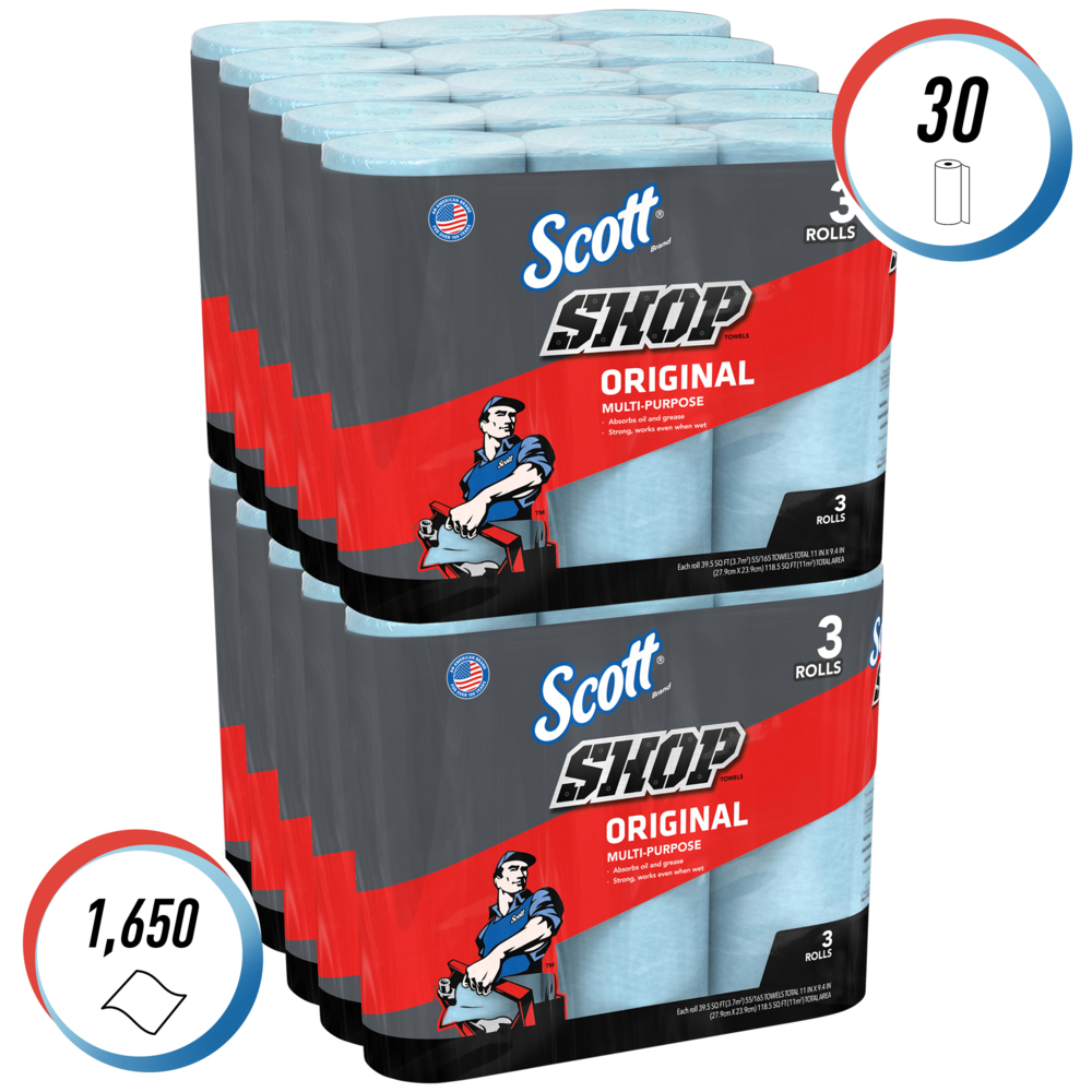 Essuie-mains Scott® Shop Towels Original 75143 - Essuie-mains bleus pour essuyage intensif - 10 paquets de 3 rouleaux bleus de 55 essuie-mains jetables (total de 1 650 essuie-mains) - 75143