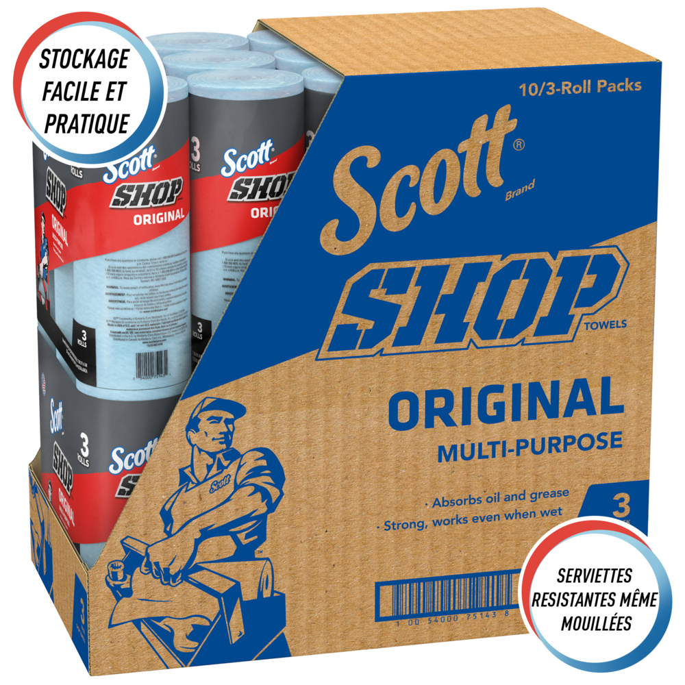 Essuie-mains Scott® Shop Towels Original 75143 - Essuie-mains bleus pour essuyage intensif - 10 paquets de 3 rouleaux bleus de 55 essuie-mains jetables (total de 1 650 essuie-mains) - 75143