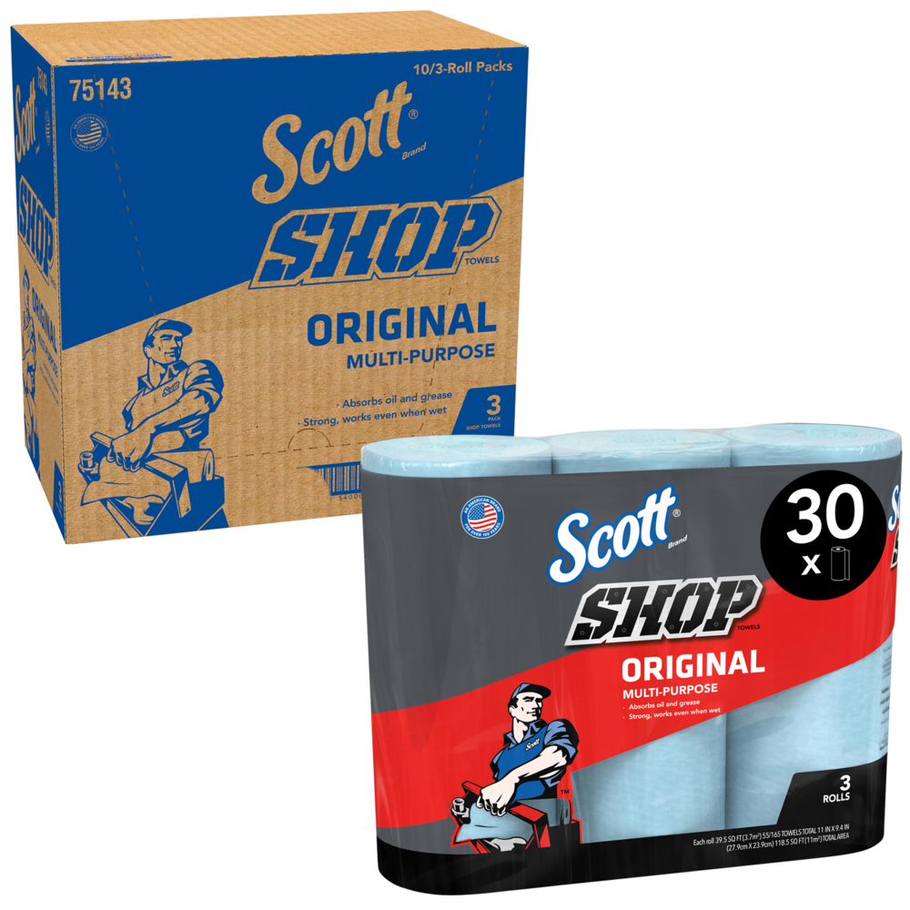 Scott® Shop Towels Original 75143 - Heavy Duty Blue Towels - 10 Packs of 3 Blue Rolls x 55 Disposable Towels (1,650 Paper Towels Total) - 75143