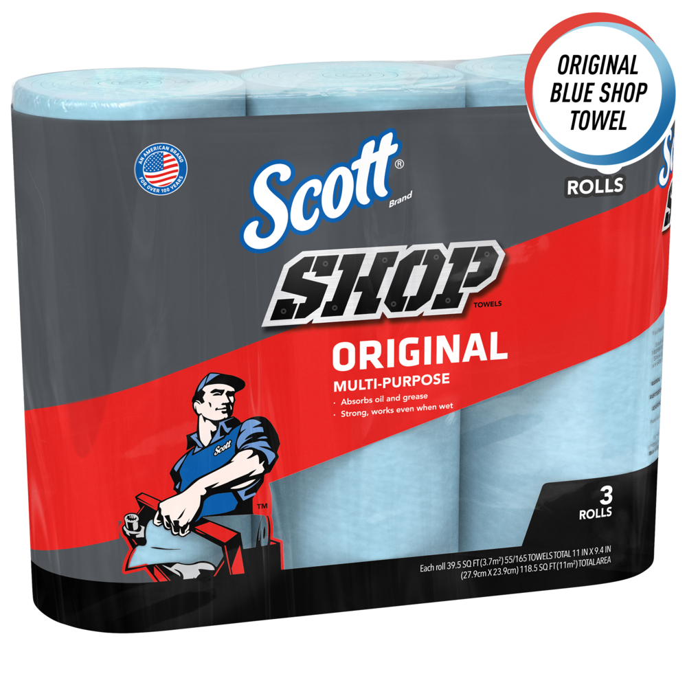 Essuie-mains Scott® Shop Towels Original 75143 - Essuie-mains bleus pour essuyage intensif - 10 paquets de 3 rouleaux bleus de 55 essuie-mains jetables (total de 1 650 essuie-mains) - 75143