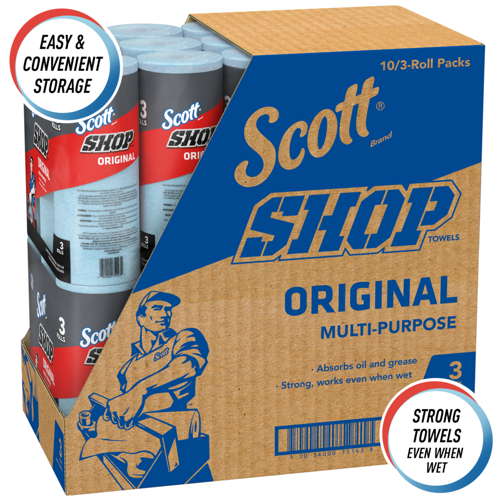 Essuie-mains Scott® Shop Towels Original 75143 - Essuie-mains bleus pour essuyage intensif - 10 paquets de 3 rouleaux bleus de 55 essuie-mains jetables (total de 1 650 essuie-mains) - 75143